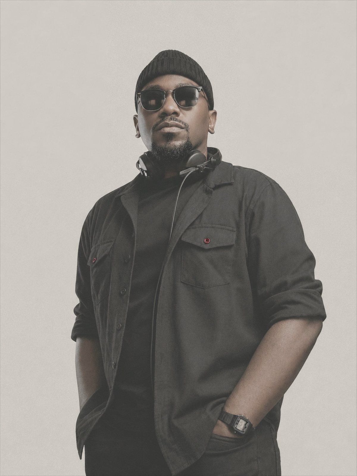 Moustey in a beanie and sunglasses with headphones around his neck