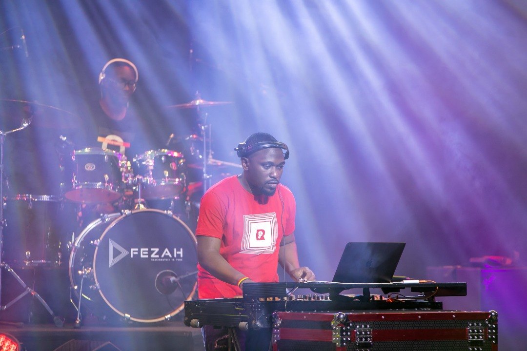 Moustey mixing in front of the drummer during the livestream